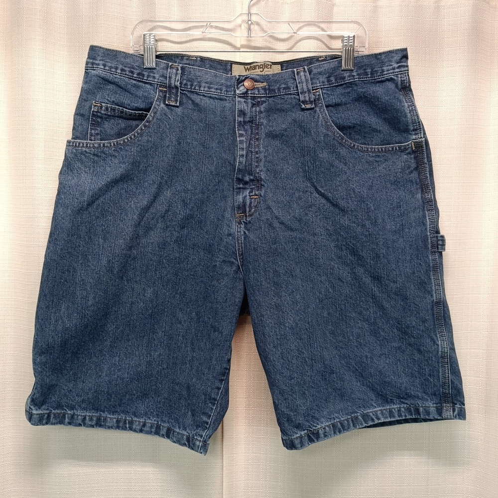Wrangler Authentics Mens 38 Carpenter Denim Shorts Medium Wash Blue Vtg Jorts